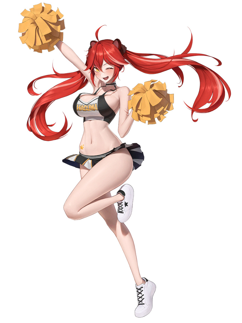 1girl ;d ahoge animal_ears arm_up bare_shoulders blush breasts cheerleader cleavage commentary facial_scar full_body hantata highres large_breasts long_hair looking_at_viewer navel one_eye_closed open_mouth pleated_skirt pom_pom_(cheerleading) red_hair remind scar scar_on_arm scar_on_cheek scar_on_face shoes skirt smile sneakers solo sports_bra star_sticker sticker_on_stomach stomach twintails virtual_youtuber white_shoes yellow_eyes