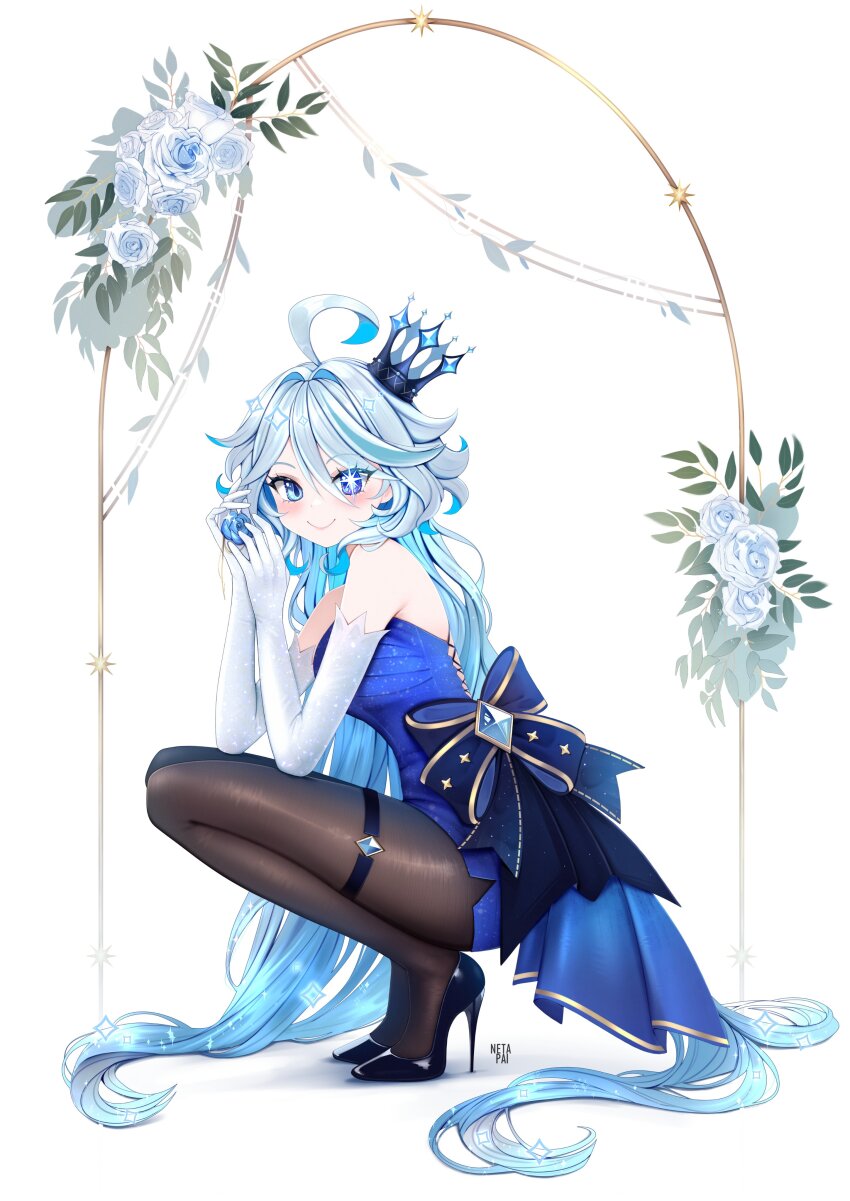 1girl absurdres ahoge alternate_costume bare_shoulders black_pantyhose black_shoes blue_dress blue_eyes blue_flower blue_hair blush closed_mouth commentary crown dress drop-shaped_pupils elbow_gloves english_commentary flower from_side furina_(genshin_impact) genshin_impact gloves hair_between_eyes high_heels highres holding holding_flower light_blue_hair long_hair looking_at_viewer mini_crown multicolored_hair netapai1 pantyhose patent_heels pumps shoes smile solo squatting stiletto_heels strapless strapless_dress streaked_hair symbol-shaped_pupils very_long_hair white_background white_gloves white_hair