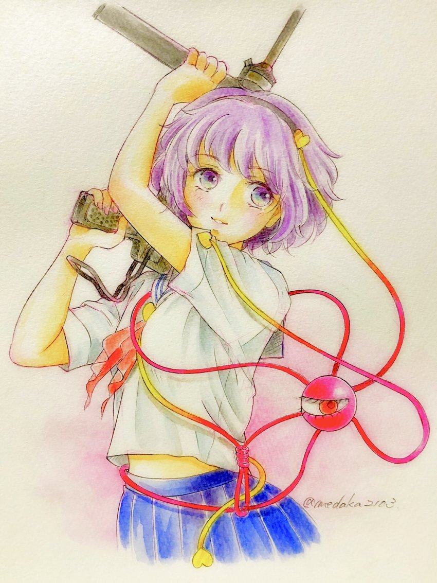 1girl alternate_costume arm_up black_hairband blouse blue_skirt colored_pencil_(medium) commentary cropped_torso gun hairband heart highres holding holding_gun holding_weapon komeiji_satori looking_at_viewer looking_to_the_side m3_submachine_gun midriff_peek neckerchief parted_lips pleated_skirt purple_eyes purple_hair q-bee_(aaru) red_neckerchief school_uniform serafuku shirt short_hair short_sleeves skirt smile solo submachine_gun third_eye touhou traditional_media twitter_username weapon weapon_request white_shirt