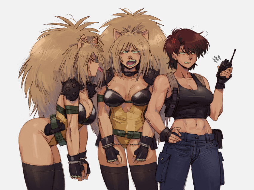 3girls ammunition_pouch anger_vein animal_ears annapuma belt big_hair black_thighhighs blonde_hair bound bound_wrists breasts cargo_pants cat_ears cat_girl cleavage cuffs dominion_(manga) fang fingerless_gloves gloves gutalalaman handcuffs highres holding holding_walkie-talkie large_breasts leona_ozaki leotard long_hair multiple_girls navel open_mouth pants police police_uniform policewoman pouch puma_sisters restrained short_hair shoulder_spikes siblings spikes tactical_clothes tank_top thighhighs tongue tongue_out unipuma walkie-talkie white_background yellow_leotard