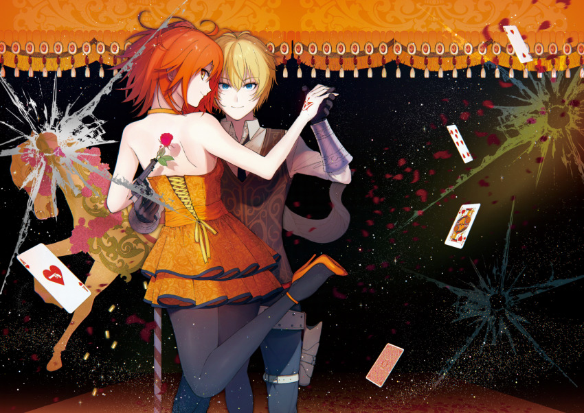 1boy 1girl ace_(playing_card) ace_of_hearts ahoge bare_shoulders billy_the_kid_(fate) black_gloves black_pantyhose blonde_hair blouse blue_eyes card commentary_request dress fate/grand_order fate_(series) flower from_behind fujimaru_ritsuka_(female) fujimaru_ritsuka_(female)_(starlight_fest) gloves hair_between_eyes hand_tattoo heart holding holding_flower holding_hands junktokarev looking_at_viewer official_alternate_costume orange_dress orange_eyes orange_hair orange_shoes pantyhose playing_card red_flower red_rose rose shirt shoes short_hair smile tattoo white_shirt