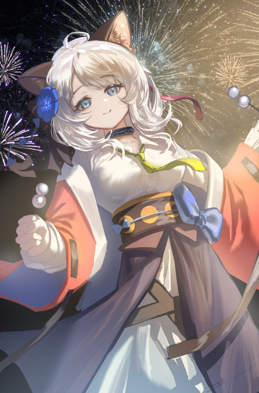 1girl absurdres animal_ear_fluff animal_ears arknights black_choker blue_eyes blue_flower brown_sash choker closed_mouth flower hair_flower hair_ornament hair_ribbon highres japanese_clothes kimono looking_at_another mint_(arknights) mint_(tsukiyoi)_(arknights) orange_kimono purple_skirt red_ribbon ribbon shale shirt skirt smile solo white_shirt white_skirt