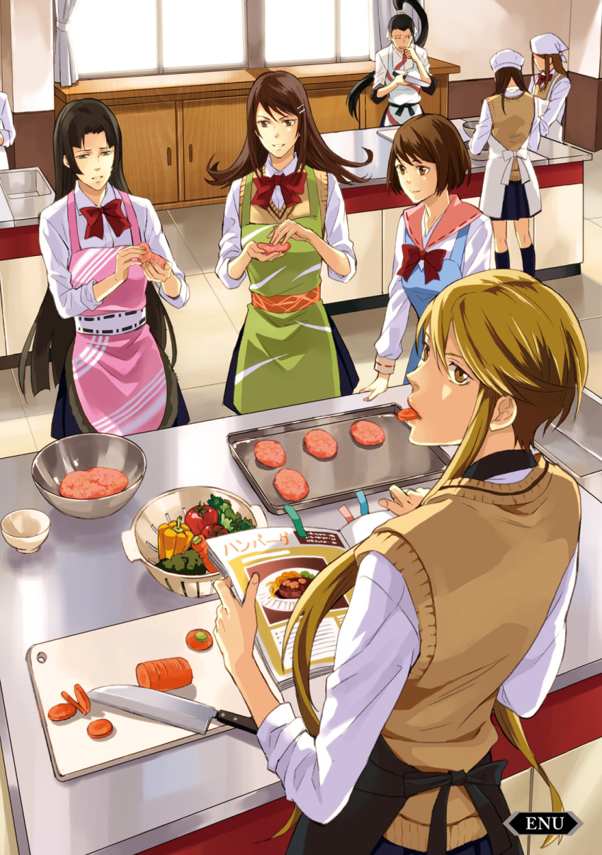 6+girls apron artist_request black_hair blonde_hair blue_apron brown_eyes brown_hair carrot collared_shirt cookbook cooking food_in_mouth gakuen_basara green_apron grey_eyes grin guest_art highres ii_naotora_(sengoku_basara) kasuga_(sengoku_basara) kitchen_knife long_hair looking_at_viewer looking_back matsu_(sengoku_basara) multiple_girls non-web_source official_art oichi_(sengoku_basara) pink_apron pink_sailor_collar ponytail raw_meat reading red_ribbon ribbon sailor_collar school_uniform sengoku_basara shirt short_hair short_hair_with_long_locks smile sweater_vest tsuruhime_(sengoku_basara) white_shirt yellow_eyes