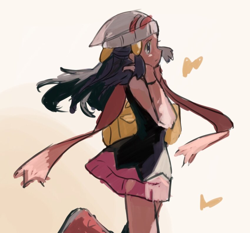 1girl beanie black_shirt blue_eyes blue_hair closed_mouth dark_blue_hair dawn_(pokemon) floating_hair hair_ornament half_updo hand_up hat leg_up long_hair nintendo pink_skirt pokemon pokemon_dppt red_scarf scarf shichibee_(stm_mimi) shirt skirt solo white_hat