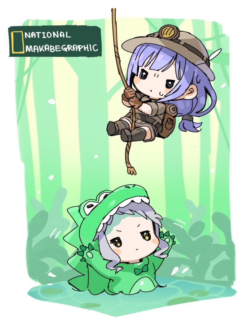 2girls arms_up backpack bag blue_hair blush_stickers brown_bag brown_footwear brown_gloves brown_headwear brown_legwear brown_shirt brown_shorts check_commentary chibi commentary_request crocodile_costume expressionless gloves hat highres idolmaster idolmaster_million_live! light_blue_hair long_hair makabe_mizuki multiple_girls national_geographic on_water parody purple_hair rope shiraishi_tsumugi shirt short_sleeves shorts sidelocks spawnfoxy v-shaped_eyebrows