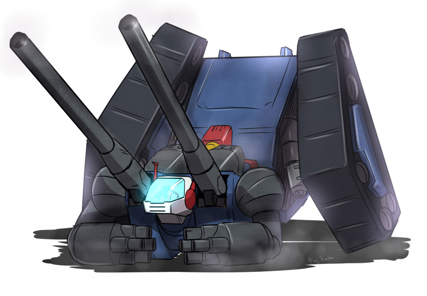 arm_cannon artist_name fujikusa gundam guntank highres jack-o&#039;_challenge mecha mecha_focus mobile_suit mobile_suit_gundam no_humans robot science_fiction shadow shoulder_cannon simple_background smoke solo top-down_bottom-up weapon white_background