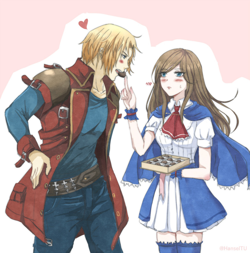 1boy 1girl artist_name ascot belt black_shirt blonde_hair blue_capelet blue_eyes blue_thighhighs blush box box_of_chocolates brown_hair capelet castlevania:_portrait_of_ruin castlevania_(series) charlotte_aulin hand_on_own_hip hanseltu93 heart highres jonathan_morris knife pants red_ascot shirt skirt sweatdrop thighhighs throwing_knife valentine weapon white_shirt