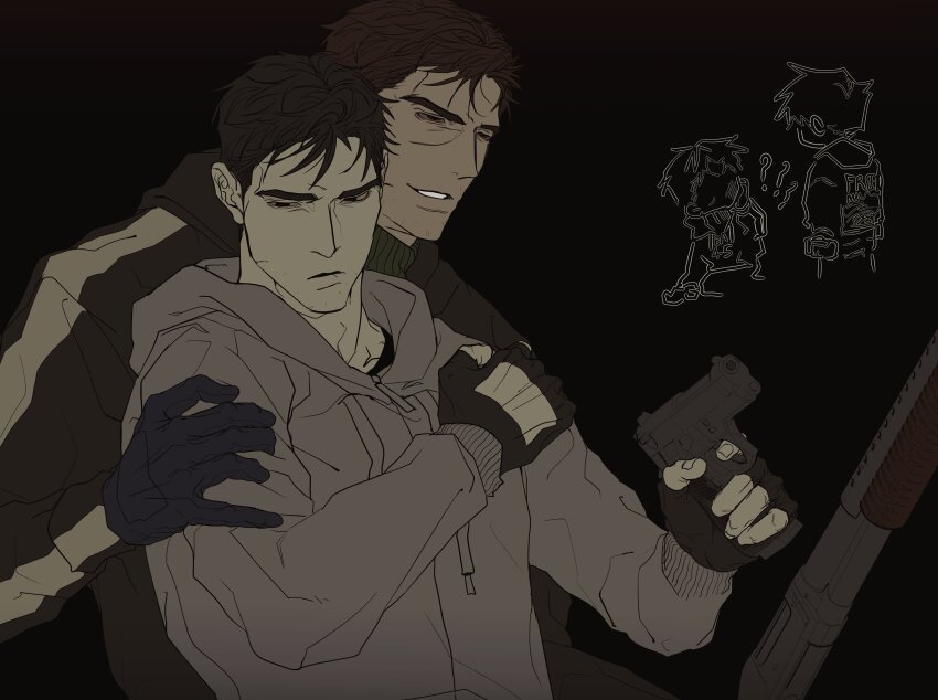 2boys :/ :d absurdres afraid_of_monsters black_background black_gloves black_hair black_hoodie bloodshot_eyes brown_hair cry_of_fear david_leatherhoff doodle_inset fingerless_gloves gloves grin gun hand_on_another&#039;s_arm hand_on_own_arm handgun highres holding holding_gun holding_weapon hood hood_down hoodie ju-san looking_at_another male_focus multiple_boys open_mouth print_hoodie short_hair simon_henriksson smile upper_body weapon