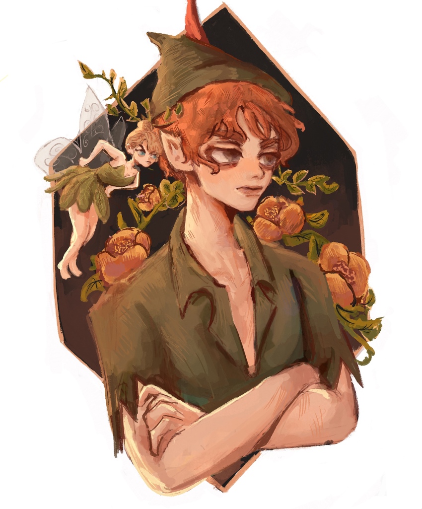 1boy black_footwear blonde_hair blue_eyes boots brown_eyes brown_hair bug dress fairy feathers fly fly_agaric green_dress green_hat green_shirt green_tunic hat hat_feather highres insect leaf mushroom peter_pan peter_pan_(character) pointy_ears red_feathers shirt short_hair size_difference sword tinker_bell_(character) tinker_bell_(disney) toon_(style) tunic walt_disney&#039;s_peter_pan watermark weapon