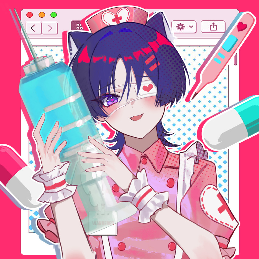 1boy absurdres alternate_costume animal_ears apron blunt_ends blush border cat_boy cat_ears collared_shirt cross crossdressing crossdressing_(mtf) eyelashes eyeliner eyepatch eyeshadow fang fingernails frilled_apron frilled_sleeves frills genshin_impact hair_intakes hands_up hat head_tilt heart heart_print highres holding holding_syringe large_syringe looking_at_viewer makeup male_focus medical_eyepatch miaoyeza233 nurse nurse_cap open_mouth oversized_object pill pink_border pink_shirt pink_sleeves portrait puffy_sleeves purple_eyes red_cross red_eyeliner red_eyeshadow scaramouche_(genshin_impact) shirt skin_fang solo syringe thermometer white_apron wispy_bangs wrist_cuffs