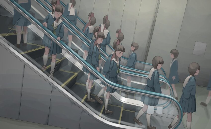 6+girls bisected blue_serafuku blue_skirt body_horror braid escalator expressionless from_side green_neckerchief indoors multiple_girls neckerchief original pleated_skirt school_uniform serafuku shoes skirt socks surreal tensen_(dotted_line) twin_braids uwabaki walking white_socks