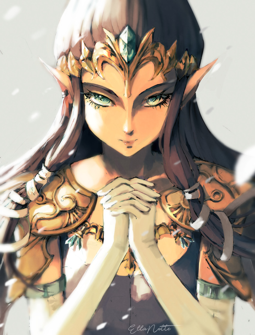 1girl armor artist_name brown_hair dress elbow_gloves ellanotte expressionless gloves green_eyes highres long_hair looking_at_viewer nintendo own_hands_together pointy_ears portrait princess princess_zelda shoulder_armor signature solo the_legend_of_zelda the_legend_of_zelda:_twilight_princess tiara white_gloves