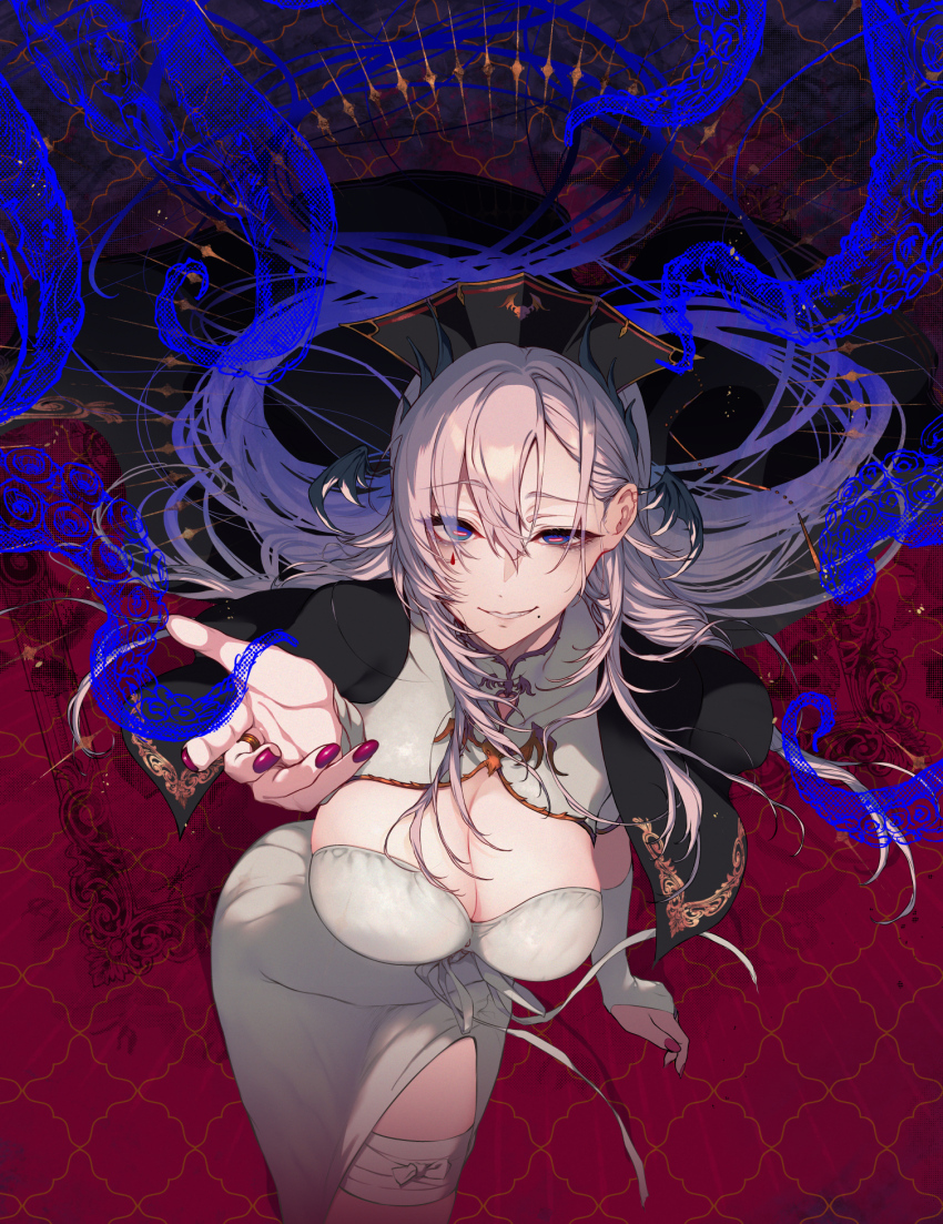 1girl blue_eyes breasts cleavage commentary dress grin head_wings highres indie_virtual_youtuber jewelry large_breasts leaning_forward long_hair mole mole_under_mouth pochi_(pochi-goya) pochimaru_(vtuber) pochimaru_(vtuber)_(4th_costume) reaching reaching_towards_viewer red_nails ring smile solo symbol-only_commentary tentacles virtual_youtuber white_dress white_hair wings