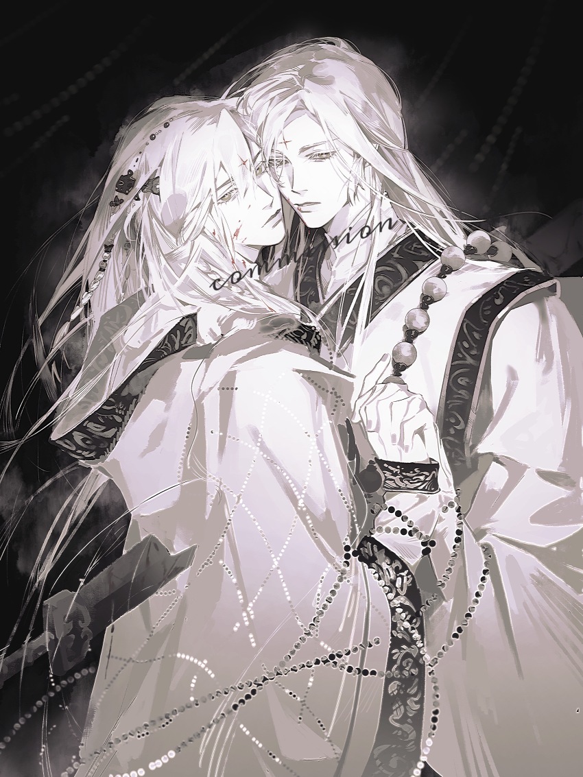 2boys absurdres asymmetrical_bangs beads black_background blood chinese_clothes clone closed_mouth commission face-to-face facial_mark floating_hair from_side greyscale hair_ornament hanfu highres holding_hands hood huadian jinguang_budaixi long_hair long_sidelocks long_sleeves looking_at_viewer looking_to_the_side male_focus mandarin_collar monochrome moranhuishouquandoushigou multiple_boys parted_bangs parted_lips prayer_beads qiao_rulai sidelocks spot_color teeth upper_body watermark wide_sleeves yaoi yellow_eyes