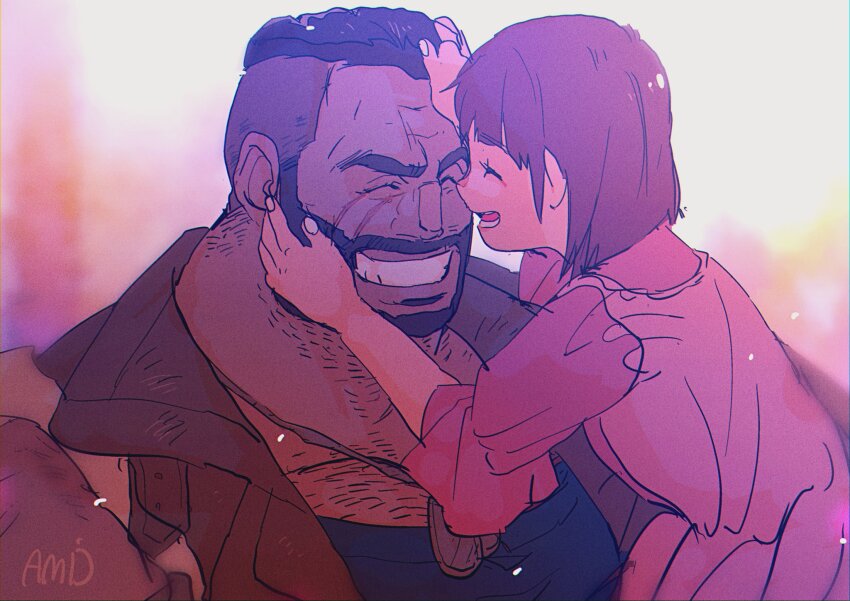 1boy 1girl amu_(omoro3bot) barret_wallace beard black_hair black_shirt blurry blurry_background brown_hair brown_jacket carrying carrying_person chest_hair child closed_eyes dark-skinned_male dark_skin dog_tags dress facial_hair father_and_daughter final_fantasy final_fantasy_vii grin highres jacket marlene_wallace open_mouth pink_dress scar scar_on_face shirt short_hair sleeveless sleeveless_jacket smile