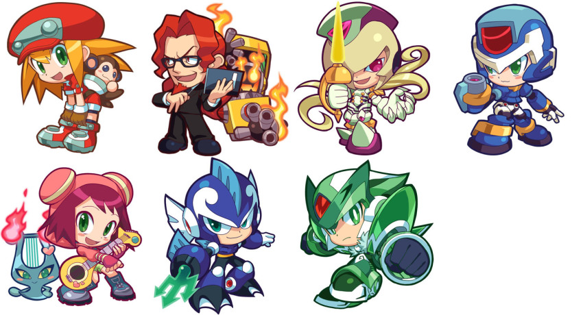 2girls aile_(mega_man_zx) android arm_cannon energy_sword blonde_hair blush blush_stickers newsboy_cap capcom cape chibi commentary_request data_(mega_man) elpizo_(mega_man) facial_hair formal_clothes full_body glasses gloves goatee green_eyes guitar hat heatman.exe helmet hood hood_up hoodie instrument kin_niku layered_sleeves long_hair long_sleeves lyra_(mega_man) mega_man:_powered_up mega_man_(classic) mega_man_(series) mega_man_9 mega_man_battle_network mega_man_battle_network_(series) mega_man_legends_(series) mega_man_star_force_(series) mega_man_zero_(series) mega_man_zero_2 mega_man_zx model_x_(mega_man) monkey mr._match_(mega_man) multiple_girls music notebook ocean_man open_mouth over-1_(mega_man) playing_games playing_instrument prototype_design purple_eyes purple_hair rapier red_cape red_hair red_hat rockman_xover roll_caskett_(mega_man) shoes short_over_long_sleeves short_sleeves shorts sidelocks simple_background smile snickers_(brand) sonia_strumm_(mega_man) spiked_hair suit sword vent_(mega_man) weapon white_background white_gloves