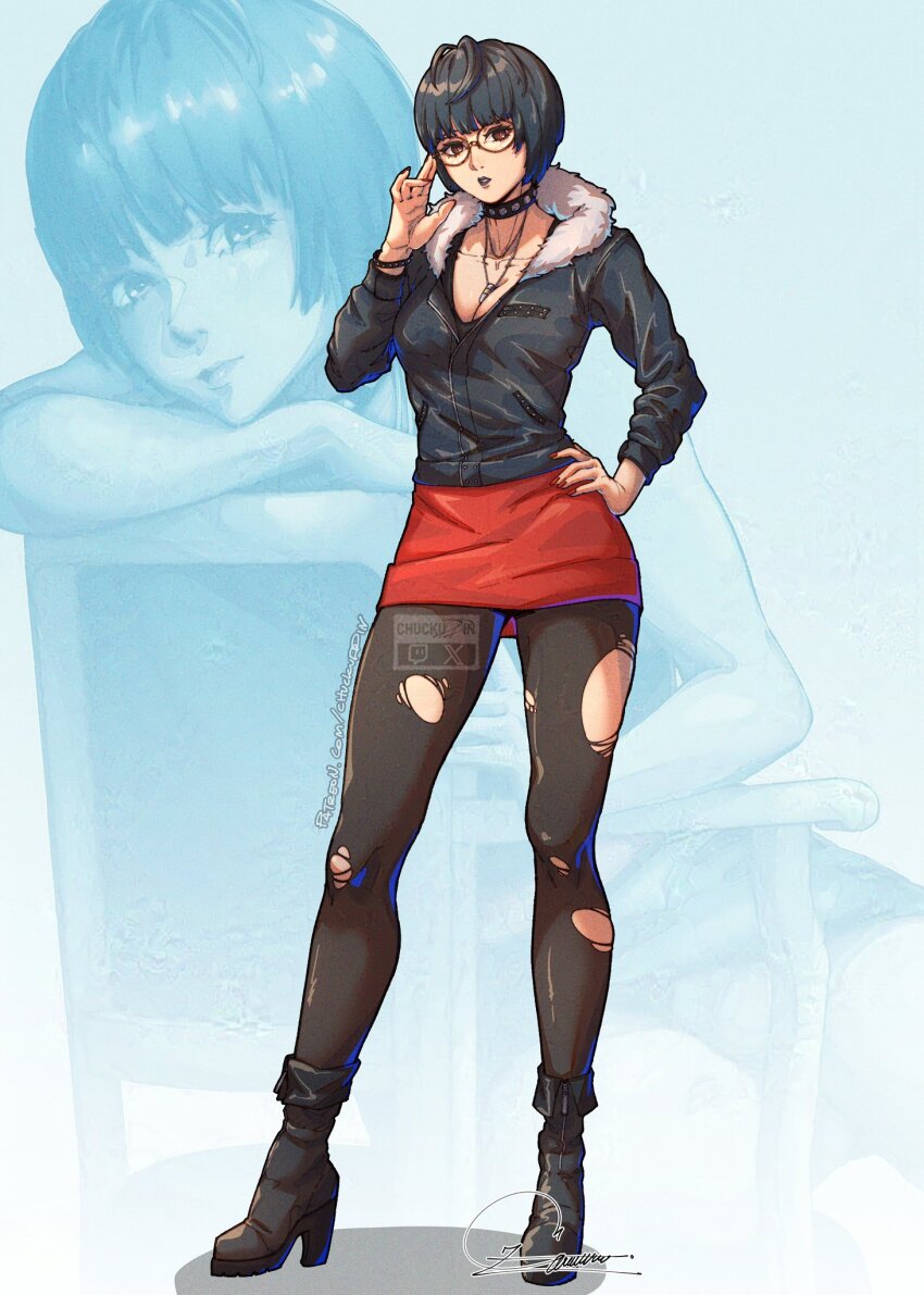 1girl black_hair breasts brown_eyes choker chuckuddin cleavage collarbone fur-trimmed_jacket fur_trim glasses hand_on_own_hip high_heels highres jacket jewelry leather leather_jacket looking_at_viewer medium_breasts nail_polish necklace pantyhose persona persona_5 red_nails red_skirt short_hair skirt solo studded_choker takemi_tae torn_clothes torn_pantyhose