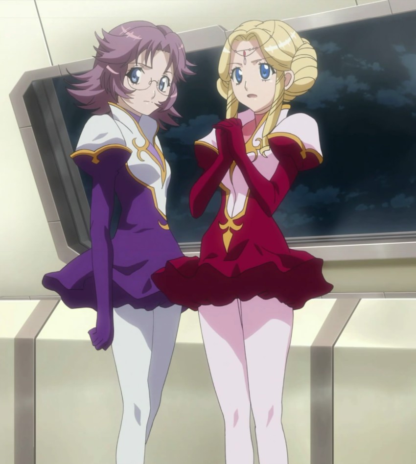 anime_screenshot banpresto blonde_hair blue_eyes glasses highres latune_subbota pantyhose pilot_suit purple_hair shine_hausen short_hair stitched super_robot_wars super_robot_wars_original_generation third-party_edit