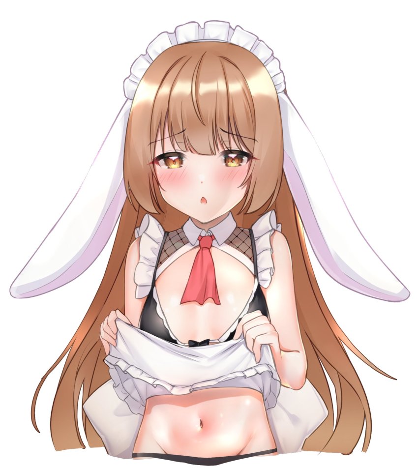1girl animal_ears apron ascot bare_arms bare_shoulders benedia black_bra black_panties blush bra breasts brown_hair rabbit_ears cropped_torso embarrassed floppy_ears frills groin highres long_hair looking_at_viewer maid maid_apron maid_headdress navel orange_eyes original panties parted_lips simple_background small_breasts solo stomach string_panties underwear waist_apron white_background wing_collar