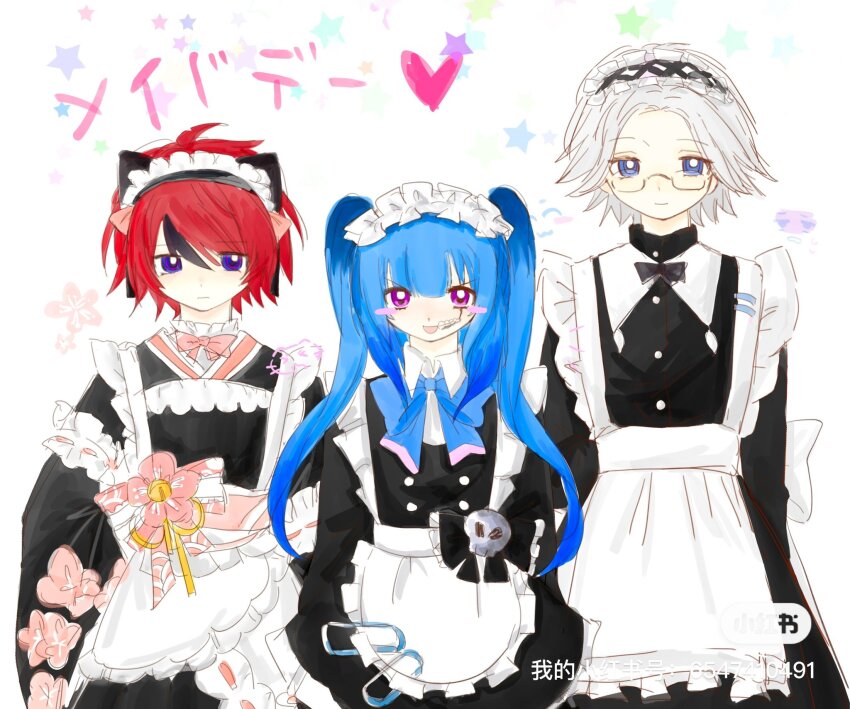 1girl 2boys amemiya_darumi aotsuki_eito apron black_bow black_hair blue_eyes blue_hair blush bow closed_mouth crossdressing hair_between_eyes heart highres long_hair looking_at_viewer maid maid_apron maid_headdress makeup multiple_boys open_mouth red_eyes red_hair runny_makeup simple_background standing sumino_takumi tagme the_hundred_line_-last_defense_academy- twintails white_background white_hair
