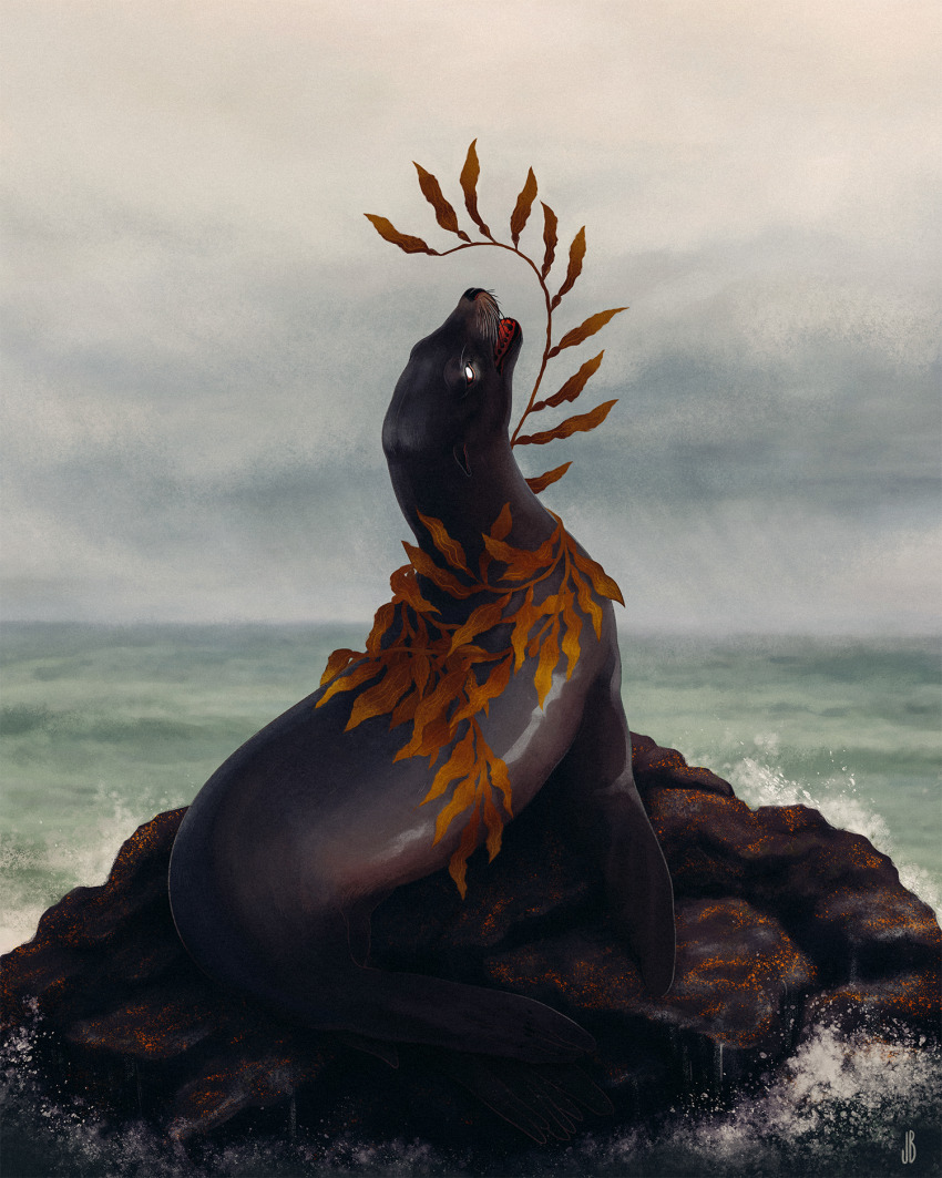 animal animal_focus artist_logo black_fur dappermouth floating fog grey_sky head_back highres kelp logo looking_up no_humans no_pupils ocean on_rock open_mouth original plant realistic rock sea_lion sea_spray sharp_teeth shore sitting sky solid_eyes teeth waves whiskers white_eyes