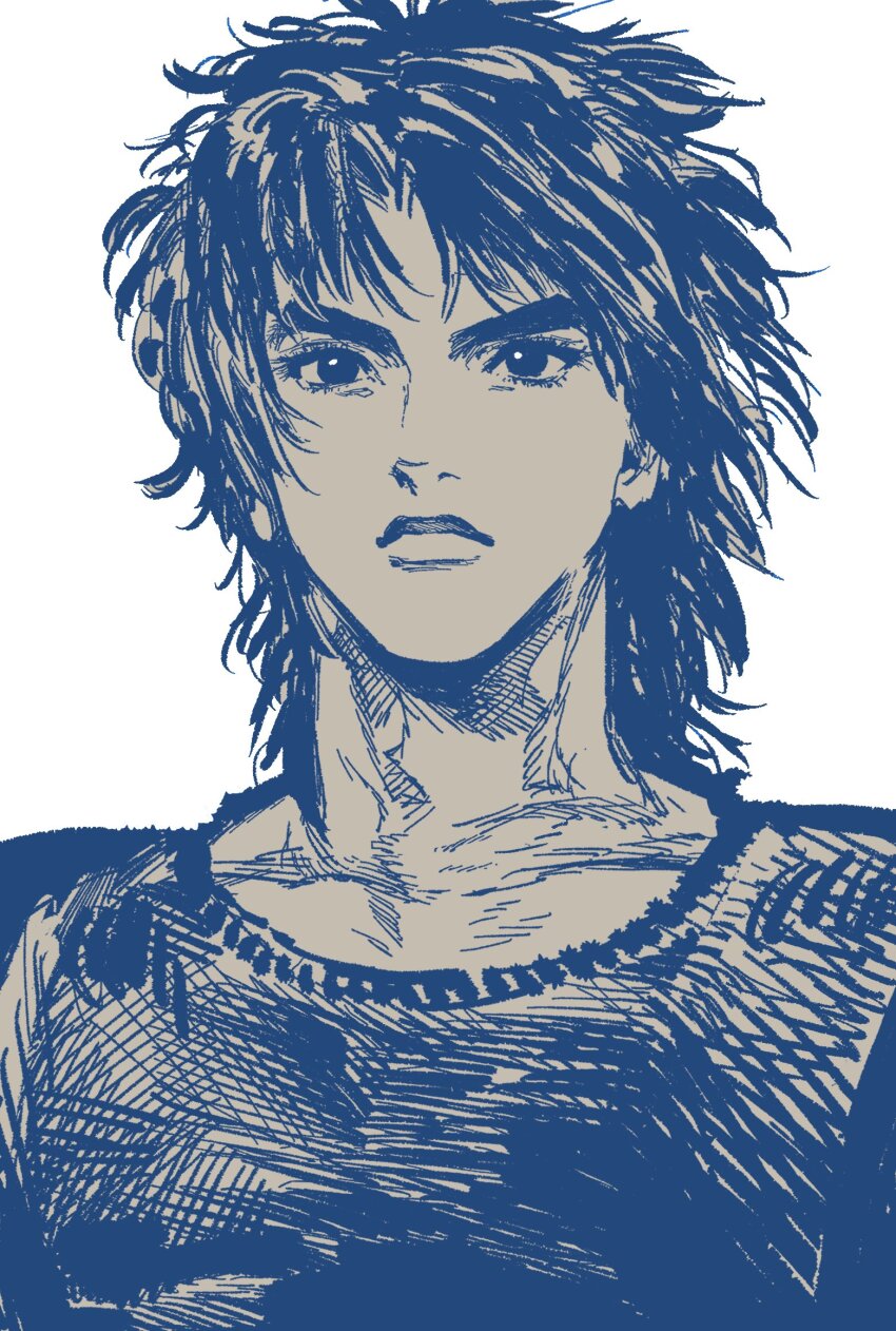 1boy blue_theme collarbone eyelashes facing_viewer floating_hair hashtag-only_commentary highres jojo_no_kimyou_na_bouken jonathan_joestar looking_at_viewer male_focus medium_hair monochrome my_nameisyoon nose phantom_blood portrait shirt shoulder_pads simple_background sleeveless sleeveless_shirt sternocleidomastoid_muscle thick_eyebrows thick_lips trapezius v-shaped_eyebrows white_background