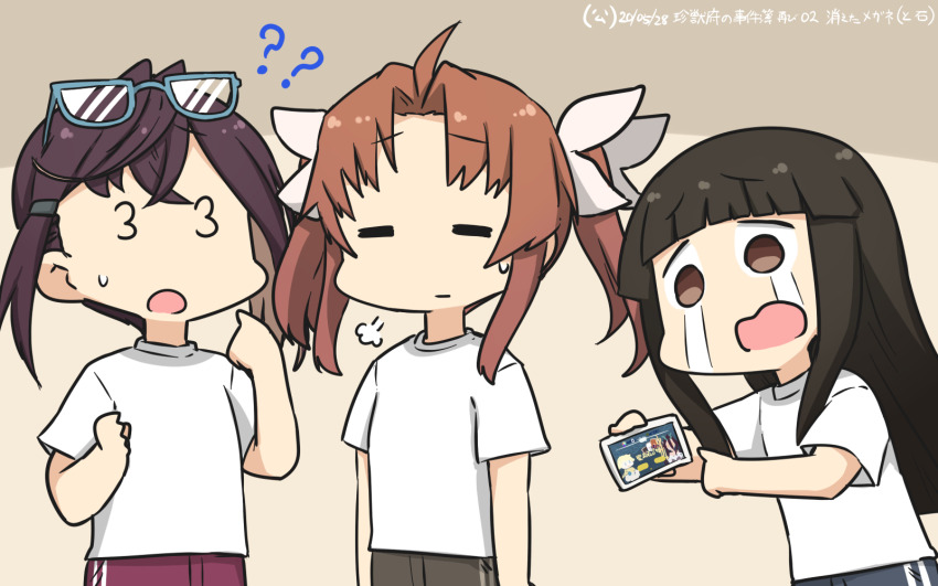 3_3 3girls puff_of_air =_= ? ahoge alternate_costume black_hair blue_pants blunt_bangs brown_eyes brown_hair cowboy_shot crying crying_with_eyes_open dated eyewear_on_head fate/grand_order fate/requiem fate_(series) glasses grey_pants hair_ribbon hamu_koutarou hatsuyuki_(kancolle) highres hime_cut kagerou_(kancolle) kantai_collection kijo_kouyou_(fate) kijo_kouyou_(third_ascension)_(fate) long_hair multicolored_hair multiple_girls okinami_(kancolle) pants pink_hair purple_pants ribbon shirt short_hair standing streaming_tears t-shirt tears track_pants twintails voyager_(fate) white_ribbon white_shirt