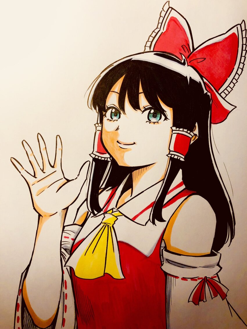 1girl blue_eyes bow breasts brown_hair closed_mouth detached_sleeves frilled_bow frills hakurei_reimu happy highres long_hair long_sleeves looking_at_viewer red_bow red_shirt s590220 shirt sidelocks small_breasts smile touhou traditional_media upper_body waving white_sleeves wide_sleeves