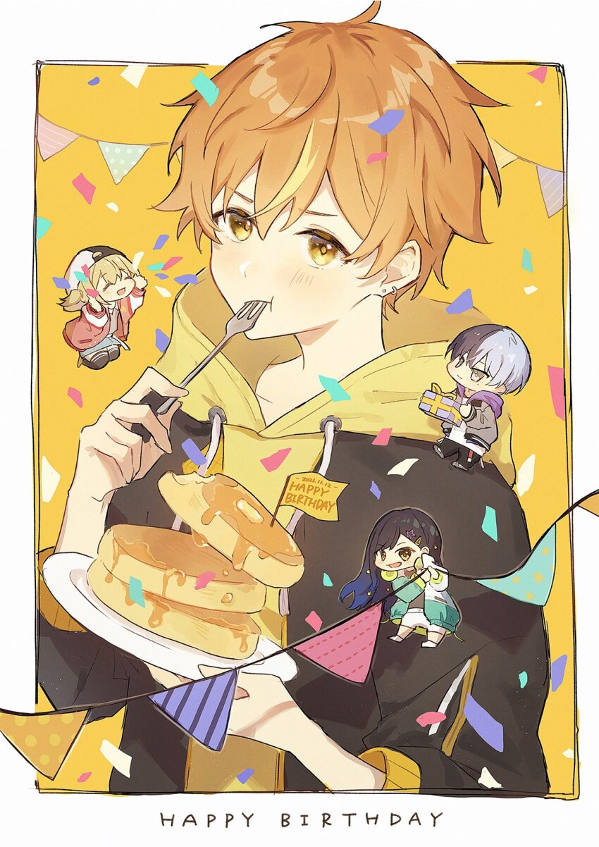 2boys 2girls aoyagi_touya azusawa_kohane baseball_cap black_hair blonde_hair blue_hair blush border bow closed_eyes closed_mouth commentary_request confetti dark_blue_hair dated drawstring earrings flag food fork gift gradient_hair grey_eyes hair_ornament hairclip happy_birthday hat headphones headphones_around_neck highres holding holding_fork holding_gift holding_plate hood hooded_jacket hoodie hoop_earrings jacket jewelry jishio long_sleeves mole mole_under_eye multicolored_hair multiple_boys multiple_girls open_clothes open_jacket open_mouth orange_eyes orange_hair pancake pancake_stack plate project_sekai purple_hood shinonome_akito shiraishi_an short_hair short_twintails shorts three-quarter_sleeves star_(symbol) star_hair_ornament streaked_hair string_of_flags twintails two-tone_hair vivid_bad_squad_(project_sekai) white_border yellow_bow yellow_hoodie