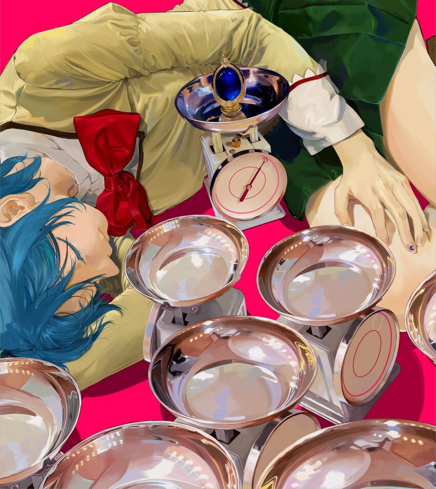 1girl absurdres blue_hair bow bowtie cardigan closed_eyes closed_mouth collared_shirt colored_eyelashes green_skirt highres juliet_sleeves long_sleeves lying mahou_shoujo_madoka_magica mahou_shoujo_madoka_magica_(anime) mihifu miki_sayaka mitakihara_school_uniform on_side pink_background pleated_skirt pocket puffy_sleeves red_bow red_bowtie school_uniform shirt short_hair skirt solo soul_gem sweater weighing_scale white_shirt yellow_cardigan yellow_sweater