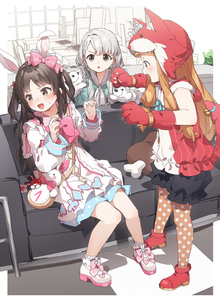 3girls absurdres animal_bag animal_ears animal_hands animal_hood averting_eyes bag bell blunt_bangs border bow bowtie braid brown_eyes brown_hair brown_pantyhose commentary_request couch dress fake_animal_ears fake_tail footwear_bow full_body gloves grey_eyes hair_bow hand_puppet hands_up hat highres hisakawa_nagi hood ichihara_nina idolmaster idolmaster_cinderella_girls indoors long_hair long_sleeves looking_at_another low-tied_sidelocks low_twintails multiple_girls on_couch pantyhose paw_gloves pink_bow pink_bowtie polka_dot_pantyhose puppet rabbit_ears red_gloves red_hat red_shoes shoes shoulder_bag sidelocks single_braid sitting smile tachibana_arisu tail tail_bell tail_ornament twintails two_side_up white_border white_dress white_hair white_shoes yukie_(kusaka_shi)