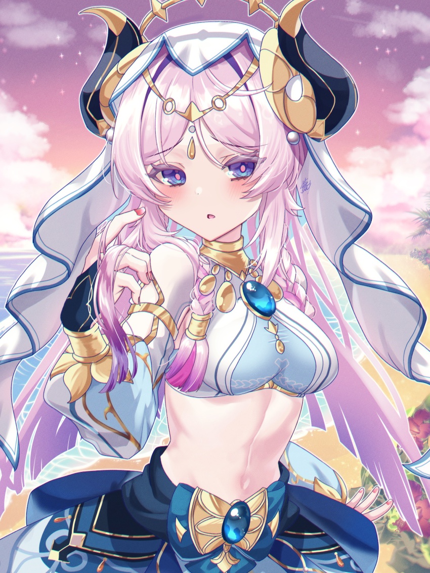 1girl adapted_costume beach blue_eyes blue_gemstone blue_skirt blush breasts circlet citlali_(genshin_impact) cloud commentary_request cosplay crop_top fake_horns fingernails gem genshin_impact gold_trim hand_in_own_hair hand_up highres horns large_breasts long_hair long_sleeves looking_at_viewer nilou_(genshin_impact) nilou_(genshin_impact)_(cosplay) open_mouth outdoors pink_hair pink_pupils puffy_long_sleeves puffy_sleeves red_nails signature skirt sky solo stomach tsubame-tsubame- upper_body veil very_long_hair white_veil