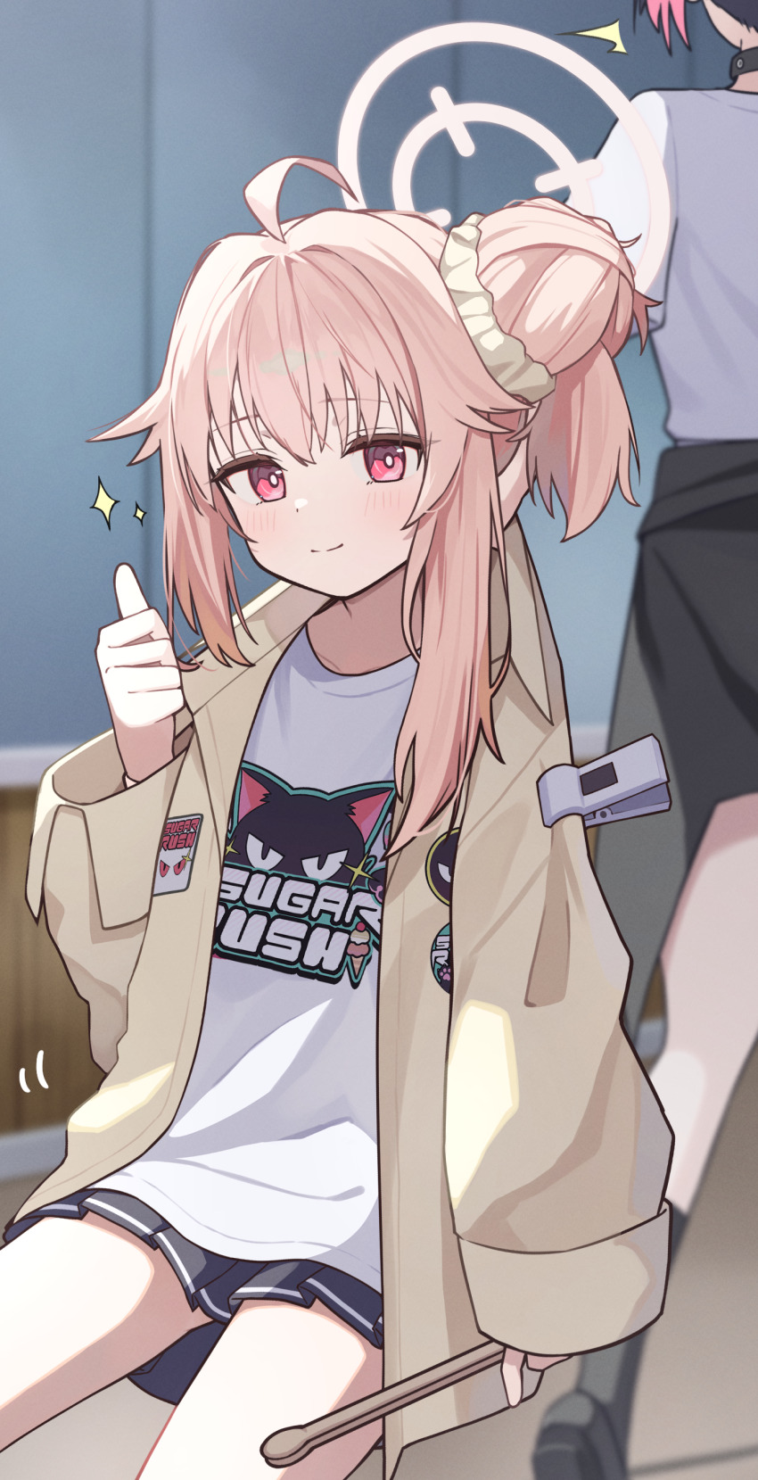 2girls absurdres ahoge asymmetrical_hair asymmetrical_sidelocks black_skirt blue_archive blush closed_mouth commentary_request drumsticks hair_bun hair_ornament hair_scrunchie halo highres holding holding_drumsticks jacket kazusa_(band)_(blue_archive) kazusa_(blue_archive) long_sleeves looking_at_viewer miniskirt multiple_girls natsu_(band)_(blue_archive) natsu_(blue_archive) official_alternate_costume official_alternate_hairstyle open_clothes open_jacket pink_hair pink_halo pleated_skirt print_shirt puffy_long_sleeves puffy_sleeves pulling_another&#039;s_clothes red_eyes scrunchie shirt single_hair_bun skirt smile solo_focus sparkle thighs thumbs_up toki_kimagure white_shirt yellow_jacket yellow_scrunchie