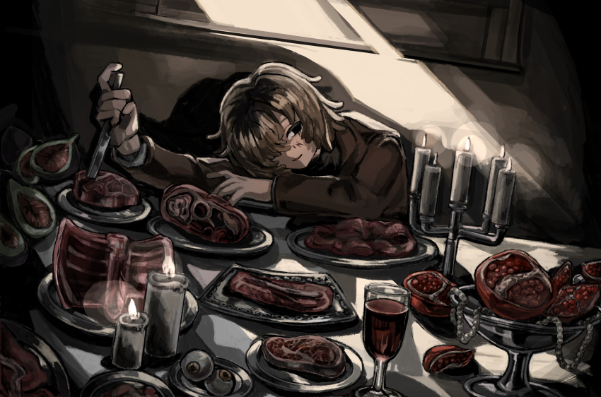 1boy alcohol black_eyes brown_coat brown_hair candle candlestand coat commentary_request cup drinking_glass empty_eyes eyeball food fruit highres hitchhiker_a_(randal&#039;s_friends) holding holding_knife indoors knife looking_at_viewer male_focus pomegranate randal&#039;s_friends raw_meat short_hair solo sunlight table wine wine_glass zakuro_(kdxd87965)