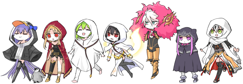 1boy 1other 5girls aqua_eyes baby_animal barefoot black_bodysuit black_cloak black_hair black_leotard black_thighhighs blonde_hair bodysuit cape capelet cloak commentary_request enkidu_(fate) ereshkigal_(fate) eyeliner fate/grand_order fate_(series) green_eyes green_hair grey_hair highres himeko_(nico6v6pachi) hood hood_up hooded_cape hooded_capelet hooded_cloak hooded_jacket jacket karna_(fate) leotard makeup medusa_(fate) medusa_(lancer)_(fate) medusa_(rider)_(fate) meltryllis meltryllis_(fate) meltryllis_(swimsuit_lancer)_(fate) meltryllis_(swimsuit_lancer)_(first_ascension)_(fate) multiple_girls nagao_kagetora_(fate) ortlinde_(fate) penguin penguin_chick prosthesis prosthetic_leg purple_eyes purple_hair red_cape red_eyeliner red_eyes rider robe sidelocks single_thighhigh thighhighs valkyrie_(fate) white_hair white_hood white_robe wide_sleeves