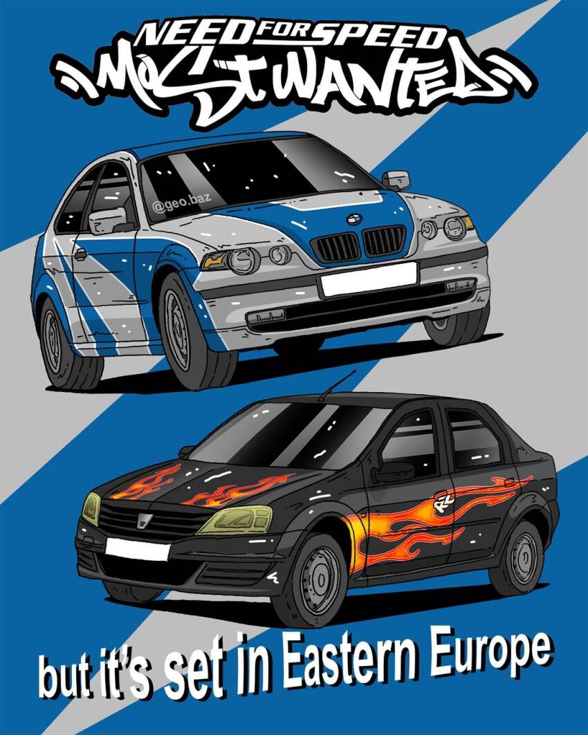 bmw bmw_3_series bmw_e46 car commentary dacia dacia_logan english_commentary english_text flame_print geo.baz highres instagram_username logo motor_vehicle need_for_speed need_for_speed:_most_wanted_(2005) no_humans parody shadow vehicle_focus