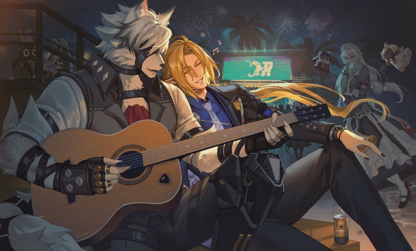 2boys 3girls acoustic_guitar aerial_fireworks ahoge alexandrina_sebastiane anastella_(zenless_zone_zero) animal_ear_fluff animal_ears apron arm_belt bangboo_(zenless_zone_zero) beach beer_can belt belt_buckle black_belt black_choker black_dress black_gloves black_hair black_jacket black_nails black_pants black_shoes blonde_hair body_fur bracelet buckle butler_(zenless_zone_zero) can carrying choker claws closed_eyes coin collared_shirt collared_vest commentary corin_wickes crovius crowd dress drink_can drusilla_(zenless_zone_zero) ear_piercing earrings english_commentary eyepatch fangs fingerless_gloves fingernails fireworks floating floating_hair frilled_apron frills furry furry_male gloves green_hair grey_hair grey_pants grey_vest guitar hair_between_eyes high_heels highres holding holding_coin holding_guitar holding_instrument hugo_vlad instrument jacket jewelry juliet_sleeves knee_up lapel_pin lapels long_hair long_sleeves low-tied_long_hair low_ponytail maid maid_apron maid_headdress male_focus multicolored_hair multiple_boys multiple_girls music musical_note muzzle_(mask) nail_polish necktie night night_sky one_eye_covered open_clothes open_jacket open_mouth outdoors palm_tree pants parted_bangs parted_lips piercing playing_guitar playing_instrument pointy_ears ponytail puffy_sleeves purple_hair purple_necktie purple_shirt railing red_eyes robin_(zenless_zone_zero) sand screw_hair_ornament shirt shoes short_hair short_sleeves sidelocks singing sitting sky sleeping smile stage star_(symbol) streaked_hair tail tail_belt teeth thigh_strap tree twintails very_long_hair vest vivian_banshee von_lycaon watch water white_apron white_fur white_hair white_shirt wolf_boy wolf_ears wolf_tail wristwatch yaoi zenless_zone_zero