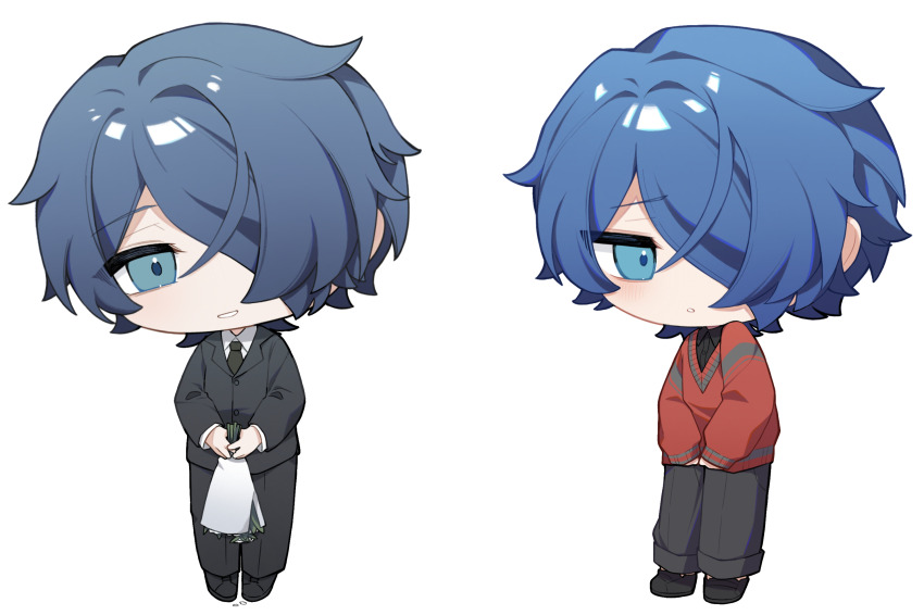 1boy :p alternate_costume black_jacket black_necktie black_pants black_shirt black_shoes black_suit blue_eyes blue_hair bouquet collared_shirt flower formal_clothes grin hair_over_one_eye highres holding holding_bouquet jacket light_blush looking_at_viewer looking_to_the_side male_focus milgram multiple_views necktie pants red_sweater sakurai_haruka_(milgram) shirt shoes short_hair simple_background smile suit sweater tongue tongue_out white_background white_shirt yingwux1