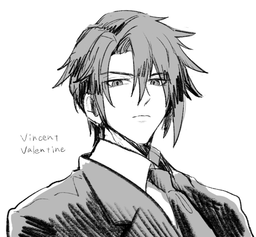 1boy az_(pixiv_108058292) character_name closed_mouth collared_shirt commentary_request final_fantasy final_fantasy_vii greyscale hair_between_eyes jacket looking_at_viewer male_focus monochrome necktie shirt short_hair simple_background solo spiked_hair suit_jacket turks_(ff7) upper_body vincent_valentine white_background white_shirt