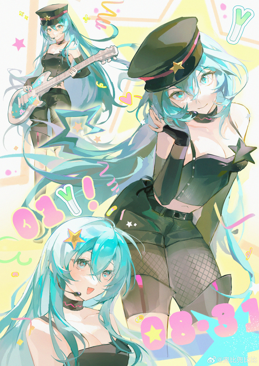 1girl absurdres aqua_eyes aqua_hair black_shorts blue_hair boots breasts choker cleavage detached_sleeves electric_guitar fishnets gloves guitar hair_between_eyes hair_ornament hat hatsune_miku highres holding holding_instrument instrument long_hair looking_at_viewer medium_breasts multiple_views navel open_mouth pantyhose project_diva_(series) punk_(module) shorts smile star_(symbol) star_hair_ornament thighhighs very_long_hair vocaloid yuanyi163