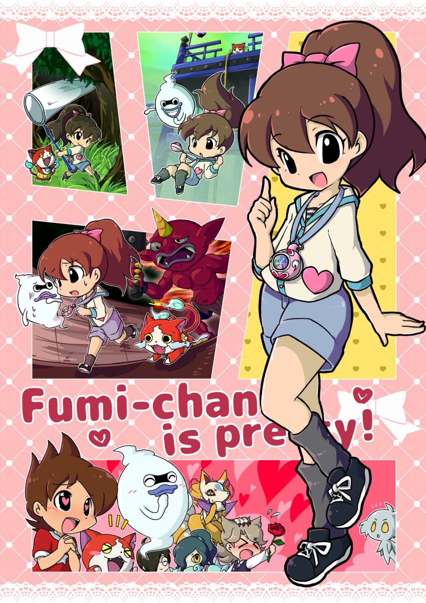 &gt;_&lt; 10s 1girl 4boys aka_oni_(youkai_watch) amano_keita blue_lips blush brown_hair butterfly_net cat closed_eyes colored_skin crying english_text fangs flower forest ghost glasses grass green_hair grin hair_over_one_eye hand_net haramaki heart heart-shaped_pupils high_ponytail highres hikage_mao horns jibanyan kitsune kodama_fumika kyuubi kyuubi_(youkai_watch) long_hair monster_boy multiple_boys multiple_tails nature notched_ear open_mouth orochi_(youkai_watch) outdoors pendant_watch pointy_ears ponytail red_shirt red_skin rose running shiokake shirt short_hair single_horn smile star_(symbol) streaming_tears sweater_vest symbol-shaped_pupils t-shirt tail tears traditional_youkai tree two_tails watch whisper_(youkai_watch) youkai_guts_f youkai_watch youkai_watch_(object)