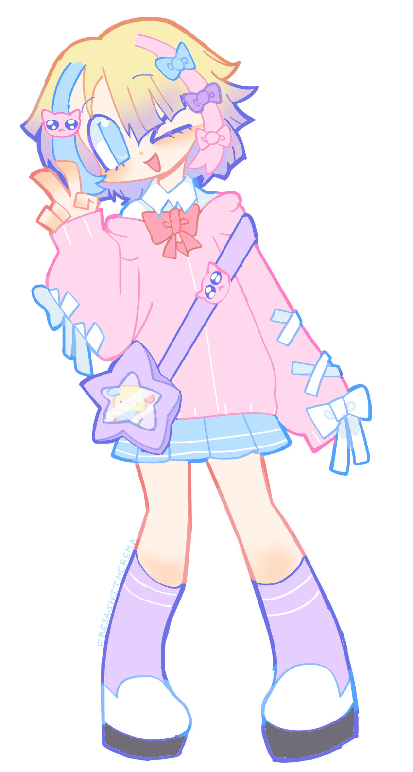 absurdres blue_serafuku bow chouzetsusaikawa_tenshi-chan chouzetsusaikawa_tenshi-chan_(needy_girl_overdose_exhibition) daten_route fresaswithcrema highres internet_yamero needy_girl_overdose pastel_colors pien_cat_(needy_girl_overdose) pink_bow purple_bow school_uniform serafuku trap usahana