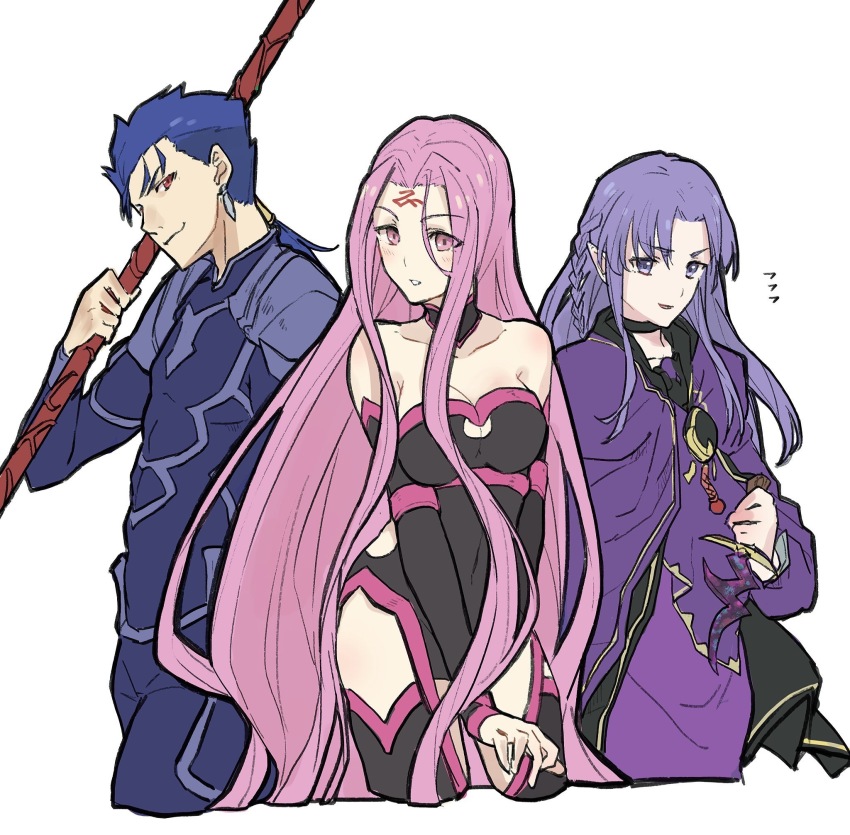 1boy 2girls bad_id bad_pixiv_id blue_eyes blush breasts cleavage cleavage_cutout clothing_cutout cu_chulainn_(fate) cu_chulainn_(fate/stay_night) dress fate/grand_order fate/stay_night fate_(series) gae_bolg_(fate) highres hip_vent long_hair looking_at_viewer medea_(caster)_(fate) medea_(fate) medium_breasts medusa_(fate) medusa_(rider)_(fate) medusa_(rider)_(third_ascension)_(fate) multiple_girls nari open_mouth pointy_ears purple_hair red_eyes rulebreaker short_hair simple_background smile square_pupils teshima_nari white_background