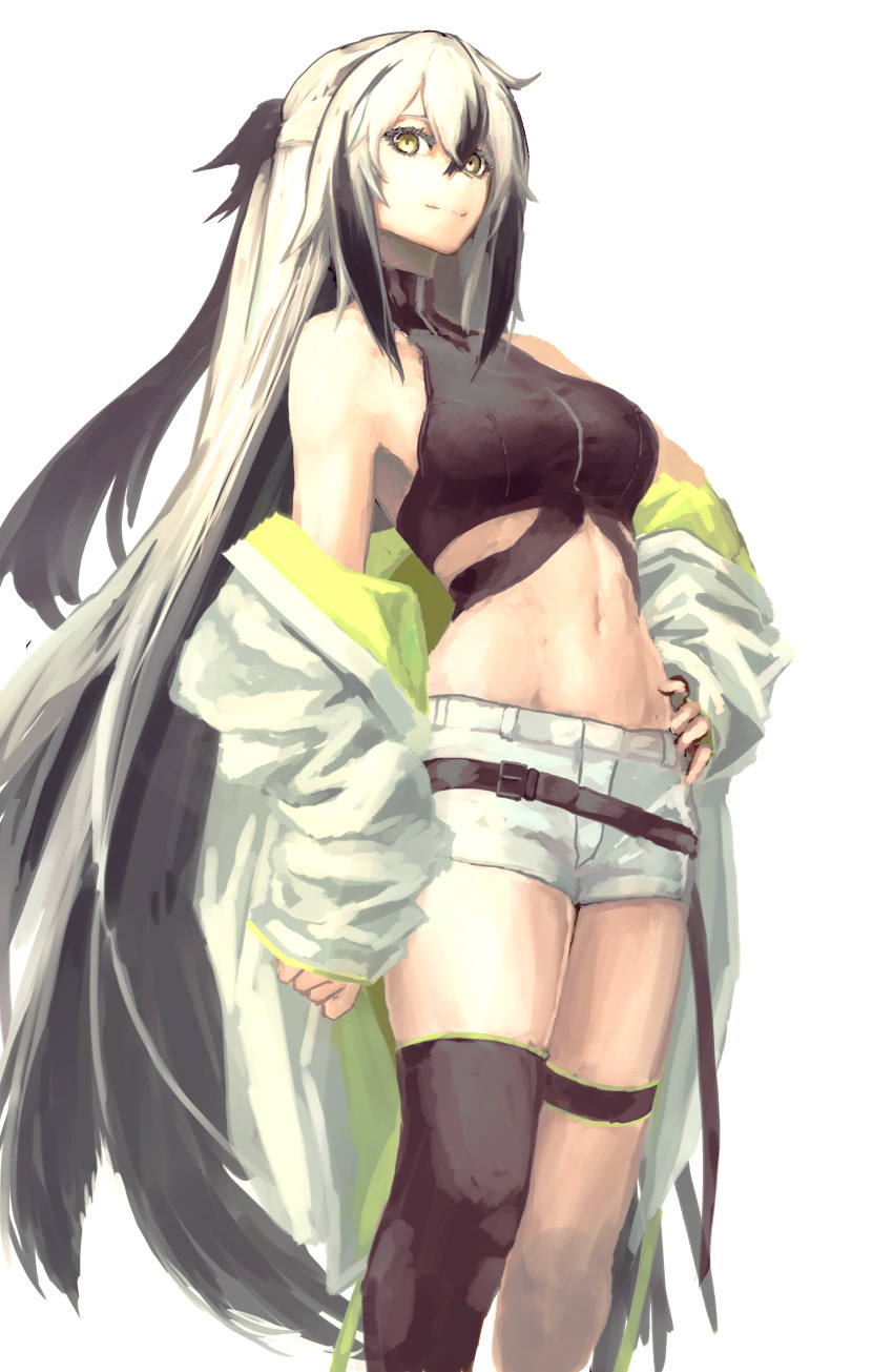 1girl absurdres bare_shoulders black_hair breasts crop_top cropped_shirt fate/grand_order fate_(series) fujigaya_seizo green_eyes green_jacket hand_on_own_hip highres jacket long_hair midriff multicolored_hair multicolored_jacket nagao_kagetora_(fate) navel open_clothes shirt shorts single_thighhigh sleeveless smile solo thighhighs two-tone_hair two-tone_jacket uesugi_kenshin_(fate) uesugi_kenshin_(second_ascension)_(fate) white_hair white_jacket white_shorts yellow_eyes