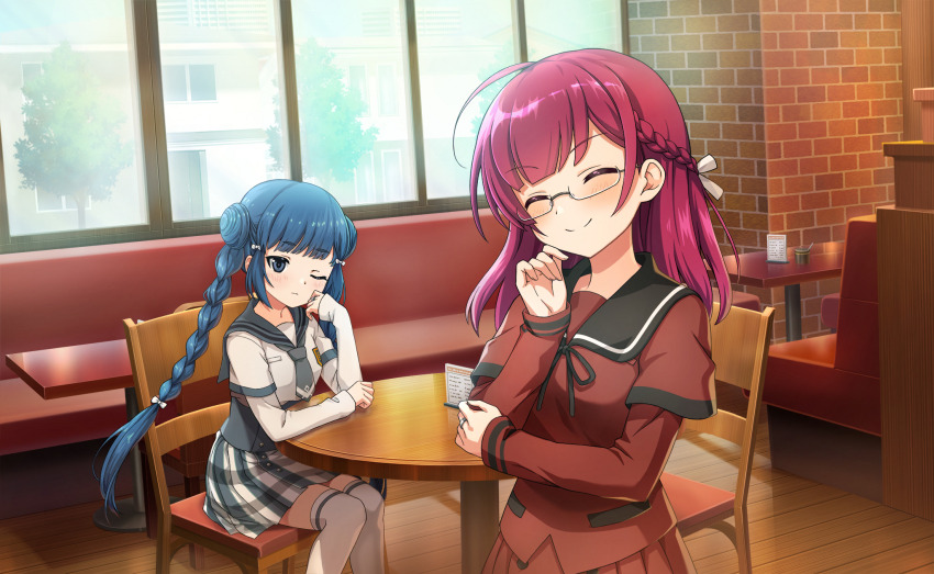 2girls ^_^ arm_on_table artist_request black_ribbon black_sailor_collar blue_eyes blue_hair blue_necktie blue_sailor_collar blue_skirt blue_sky booth_seating bow braid breast_pocket building chun_meiyui chuo_academy_school_uniform closed_eyes closed_mouth cowboy_shot crest dot_nose double_bun elbow_on_table expressionless feet_out_of_frame game_cg glasses hair_bow hair_bun hair_ornament hairclip hand_on_own_cheek hand_on_own_elbow hand_on_own_face happy high-waist_skirt highres indoors jewelry layered_sleeves light_blush light_frown long_hair long_sleeves looking_at_another loose_hair_strand magia_record:_mahou_shoujo_madoka_magica_gaiden mahou_shoujo_madoka_magica mahou_shoujo_madoka_magica_magia_exedra miniskirt multiple_girls multiple_hair_bows neck_ribbon necktie official_art on_chair one_eye_closed pink_hair plaid_clothes plaid_skirt pleated_skirt pocket red_shirt red_skirt red_sleeves restaurant ribbon ring sailor_collar sankyoin_academy_school_uniform school_uniform shirt short_over_long_sleeves short_sleeves side_braid sitting skirt sky sleeves_past_wrists smile standing table thighhighs tokiwa_nanaka tree twin_braids very_long_hair white_bow white_shirt white_sleeves white_thighhighs window wooden_floor zettai_ryouiki