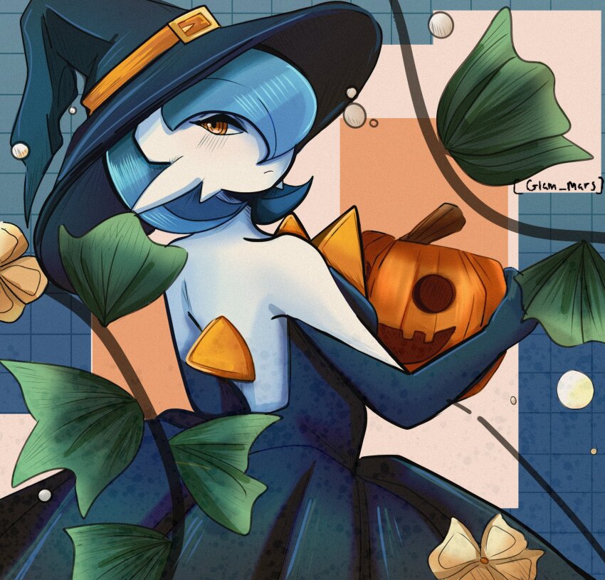 alternate_color artist_name black_dress black_gloves blue_hair colored_skin dress elbow_gloves flower gardevoir gen_3_pokemon glam_mars gloves hair_over_one_eye hat highres holding holding_pumpkin looking_at_viewer looking_back mega_gardevoir mega_pokemon nintendo orange_eyes pokemon pokemon_(creature) pumpkin shiny_pokemon strapless strapless_dress white_skin witch_hat