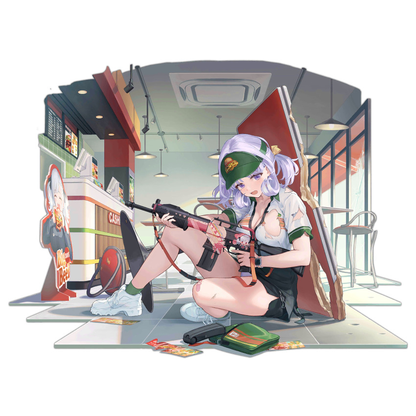 1girl apron bandaid bandaid_on_knee bandaid_on_leg black_apron black_skirt blush booth_seating breasts broken_table broken_window bullet_hole burger cash_register ceiling_light chair character_cutout cleavage collared_shirt counter dual-mode_shotgun employee_uniform fast_food fast_food_uniform fingernails flyer food franchi full_body girls&#039;_frontline green_bag green_hat green_socks gun hat heart highres holding holding_gun holding_weapon indoors large_breasts looking_at_viewer magazine_(weapon) menu_board official_alternate_costume official_art open_mouth panties pantyshot pump-action_shotgun pump_action restaurant semi-automatic_shotgun shadow shirt shoes short_sleeves shotgun skirt socks solo spas-12_(girls&#039;_frontline) spas-15 spas-15_(girls&#039;_frontline) spas-15_(miss_pittsburgh)_(girls&#039;_frontline) table taking_cover third-party_source tile_floor tiles torn_clothes torn_shirt torn_skirt transparent_background trigger_discipline u-suke_(supertie) underwear visor_cap waist_apron watch weapon white_panties white_shirt white_shoes wristwatch