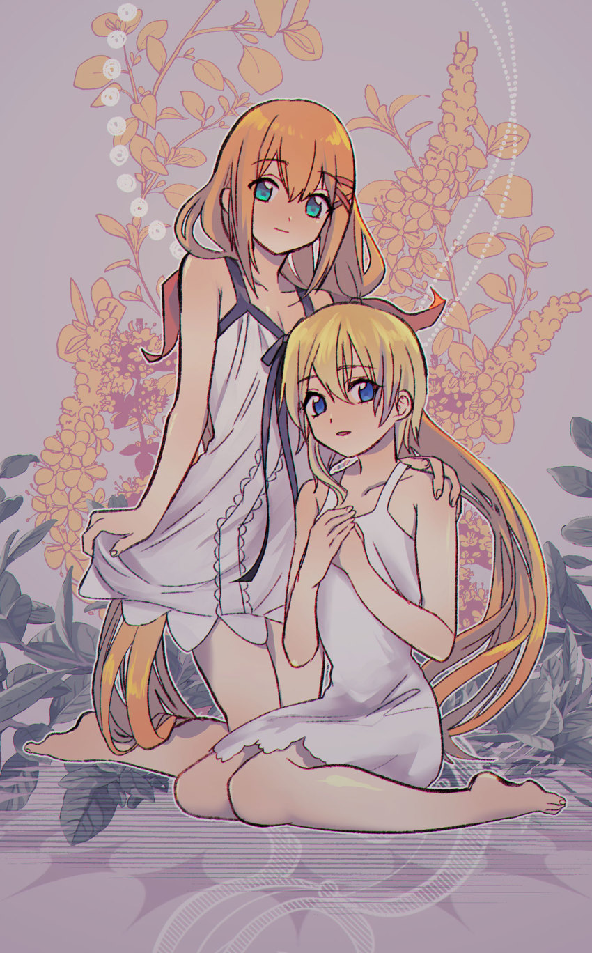 2girls aqua_eyes bare_legs bare_shoulders barefoot black_ribbon blonde_hair blue_eyes breasts collarbone commentary_request dress fingernails floral_background flower hair_between_eyes hair_ornament hair_ribbon hairclip hand_on_another&#039;s_shoulder hands_on_own_chest highres kingdom_hearts kingdom_hearts:_chain_of_memories kingdom_hearts_x leaf long_hair looking_at_viewer low_twintails maimai_melc medium_hair multiple_girls namine orange_flower orange_hair orange_ribbon parted_lips plant ribbon seiza sidelocks sitting sleeveless sleeveless_dress small_breasts smile strelitzia_(kingdom_hearts) twintails very_long_hair white_dress x_hair_ornament