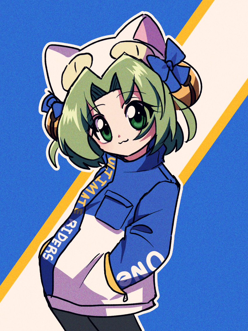 1girl :3 alternate_costume animal_ears animal_hat bell bow cat_ears cat_hat commentary dejiko di_gi_charat english_commentary green_eyes green_hair hair_bell hair_ornament hands_in_pockets hat highres jingle_bell kim_mingja long_sleeves looking_at_viewer short_hair smile solo standing sway_back