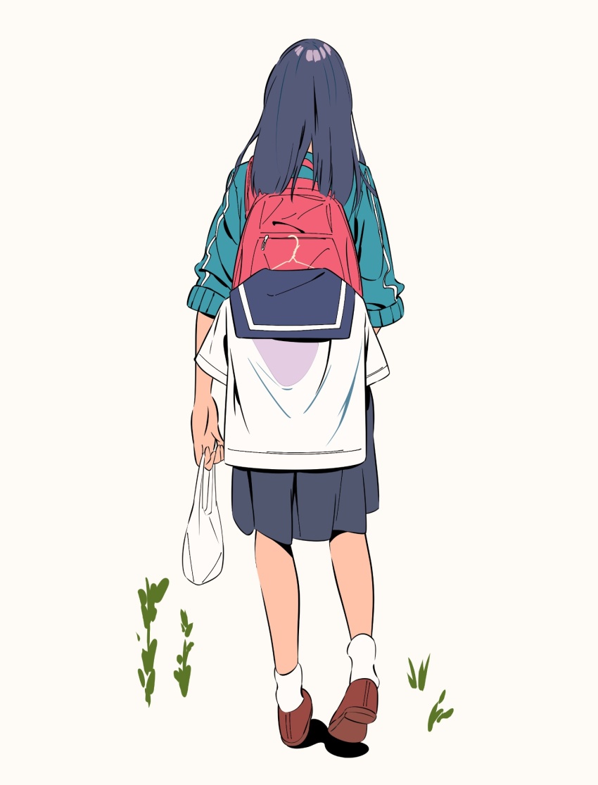 1girl backpack bag black_hair blue_jacket blue_skirt brown_shoes clothes_hanger commentary_request facing_away from_behind full_body highres holding holding_bag jacket long_hair long_sleeves original plastic_bag pleated_skirt red_bag school_uniform semham shirt shoe_soles shoes simple_background skirt socks solo standing track_jacket unworn_shirt wardrobe_error white_background white_shirt white_socks